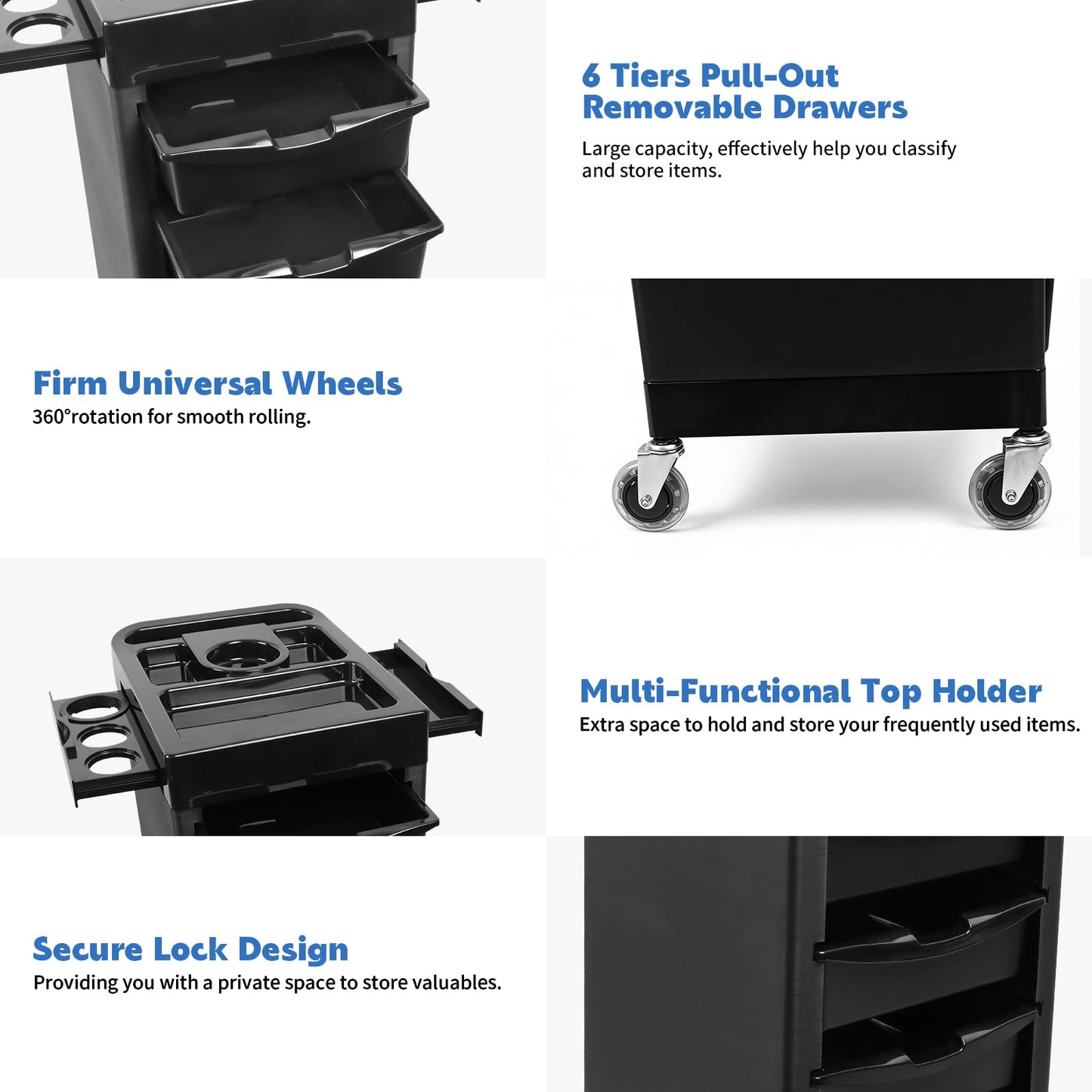EBANKU Salon Beauty Rolling Trolley Cart Black Hair Salon Storage Cabinet Barber Organizer Tool Multi Drawers Rolling Cart with 4 Universal Wheels Hair Salons Supplies