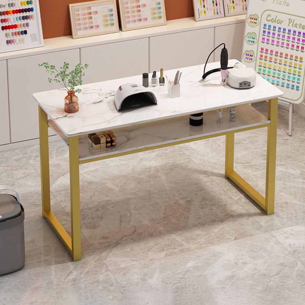 SHGCLKD Marble Finish Nail Desk for Nail Tech, Manicure Table with Gold Frame, Portable Nail Table, Spacious Workstation for Beauty Salon, Spa, Home, Office(120cm-47.2in)