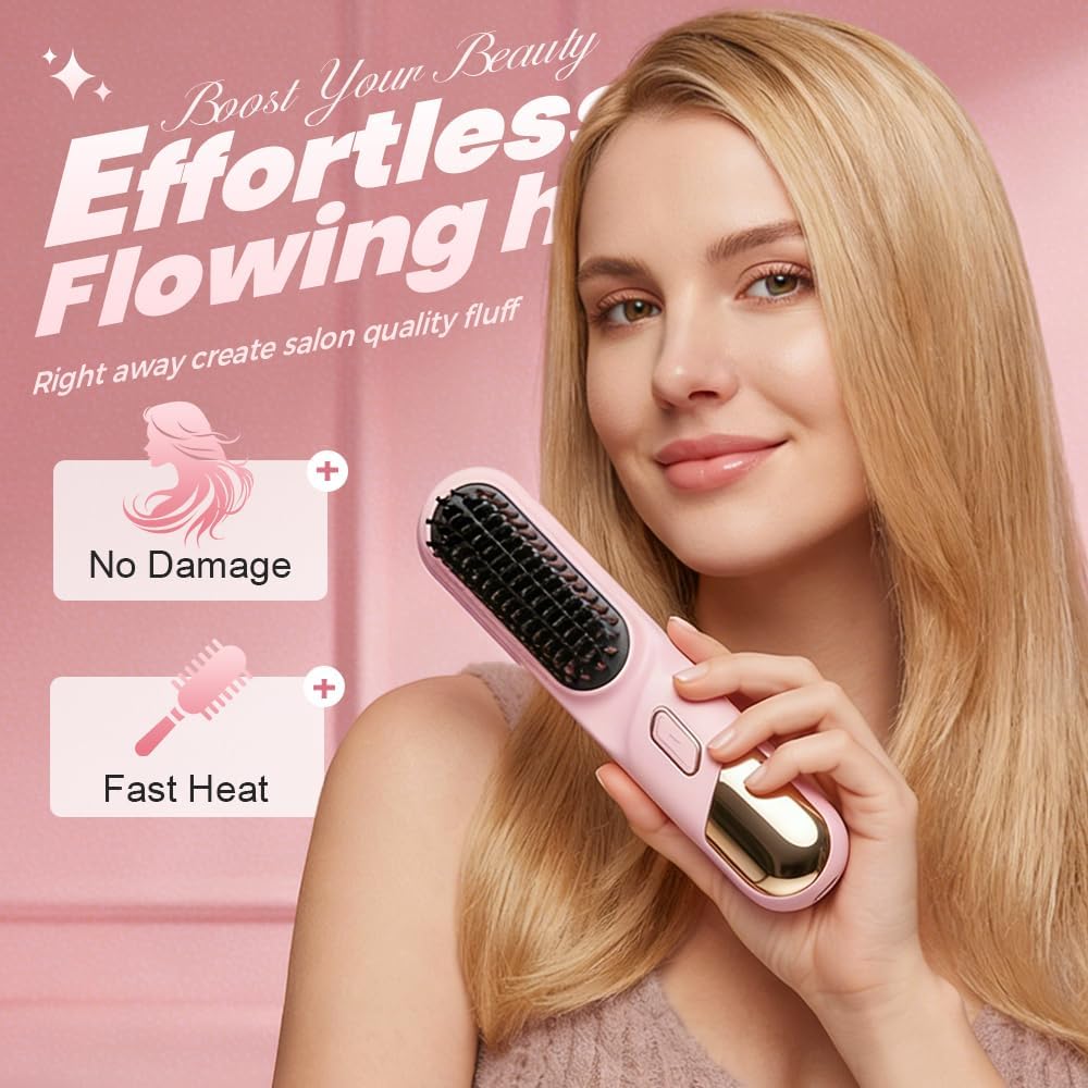 Portable Hair Straightener Brush - Cordless Ionic Comb for Short Hair | MCH Heating, 4 Temp Settings (Pink)