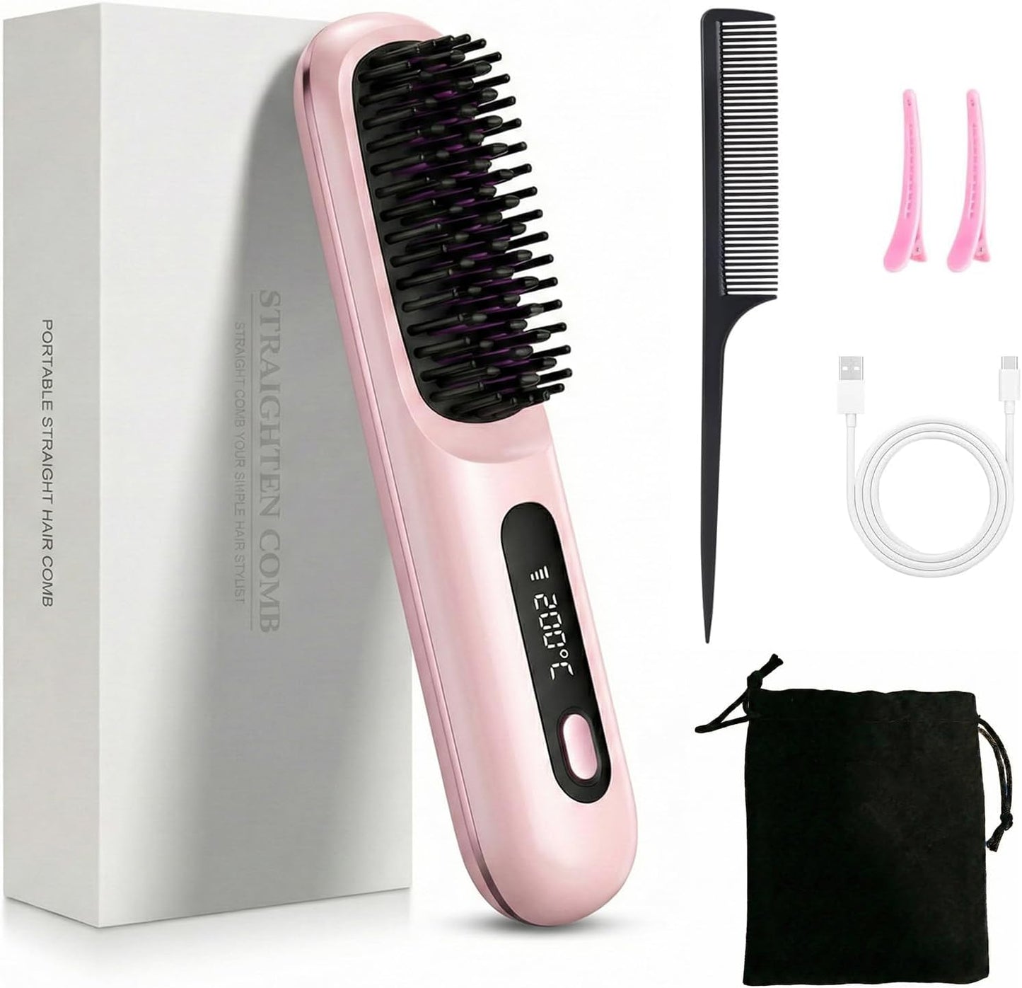 Cordless Hair Straightener Brush - Fast 20s MCH Ceramic Heating, 4000mAh Battery | Portable Mini Comb with 199M Negative Ions & Storage Pouch