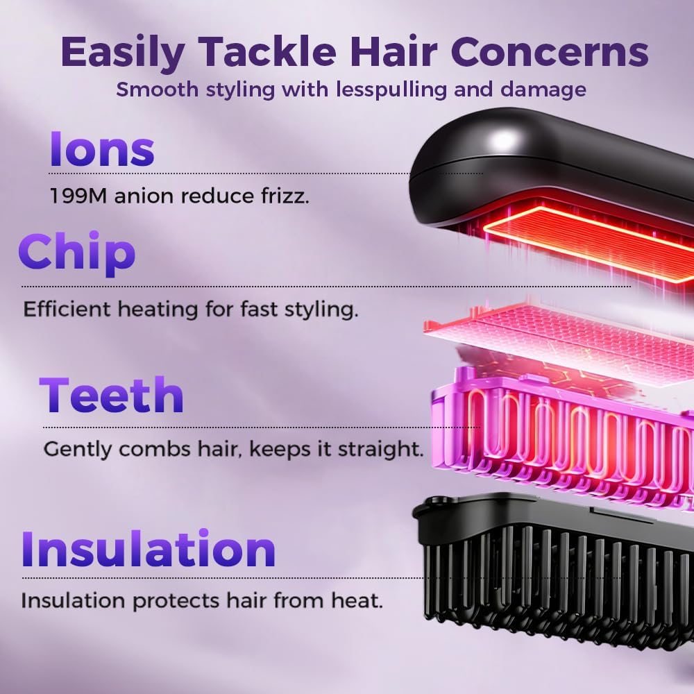 Cordless Straightening Brush for Short Hair - 2026 Upgraded Ionic & Ceramic Design with Fast Heat, 3 Temp Settings | USB-C Rechargeable (Blue)