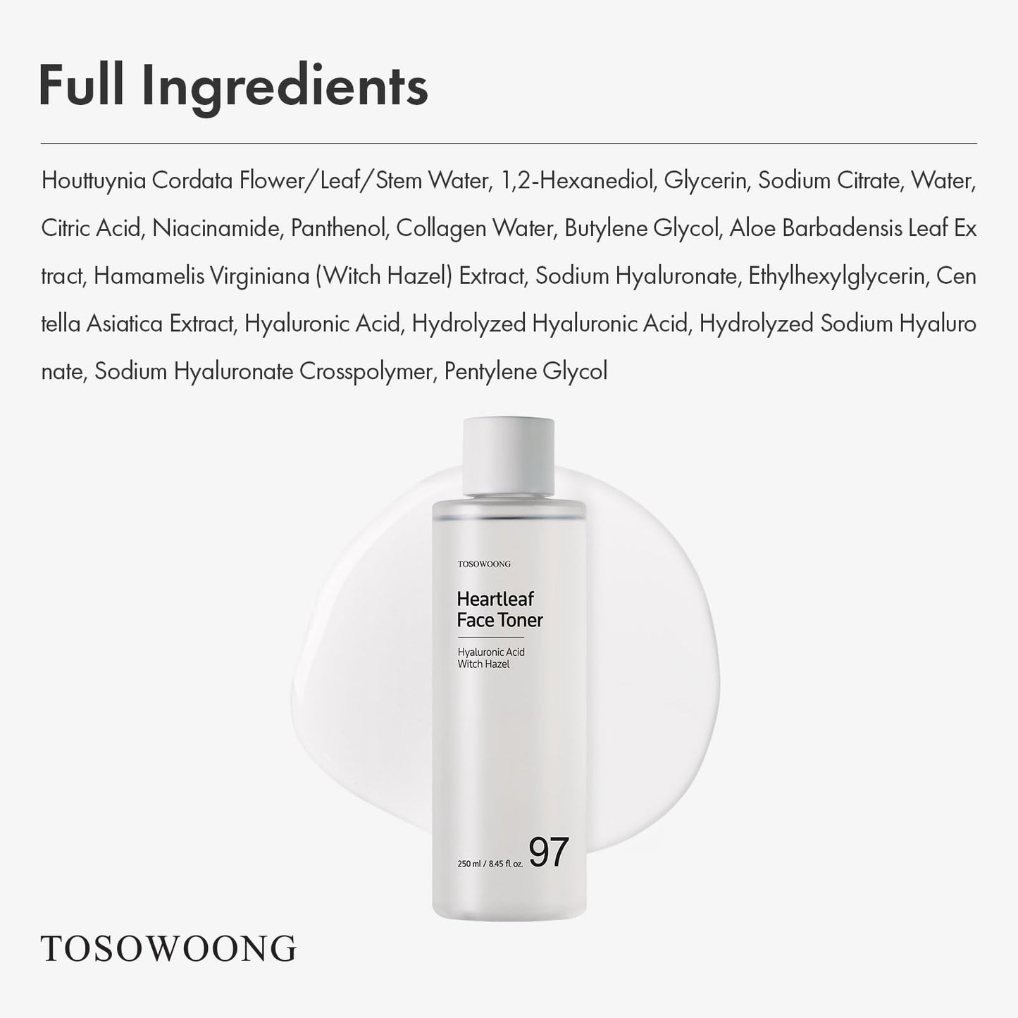 TOSOWOONG Heartleaf Face Toner with 970,200ppm Heartleaf Water, Centella, Hyaluronic Acid, Witch Hazel, Trouble Care, Acne-Prone, Calming, Hydrating, Purifying, Korean Skin Care, 250ml, 8.45 fl.oz.