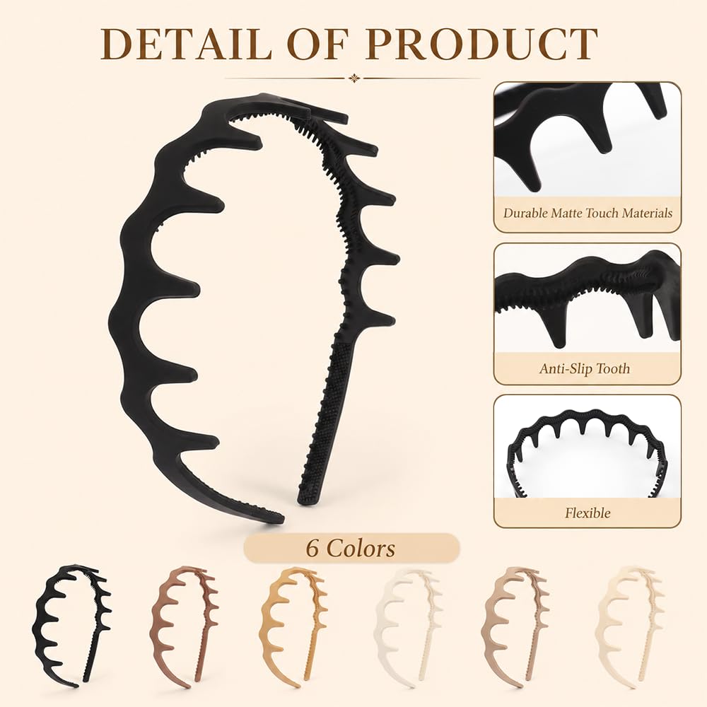 AHONEY 6 Pack Zig Zag Teeth Headbands with Matte Neutral – Trendy Non-Slip Hair Bands for Women Mens, Perfect for Daily Style or Skincare Routines