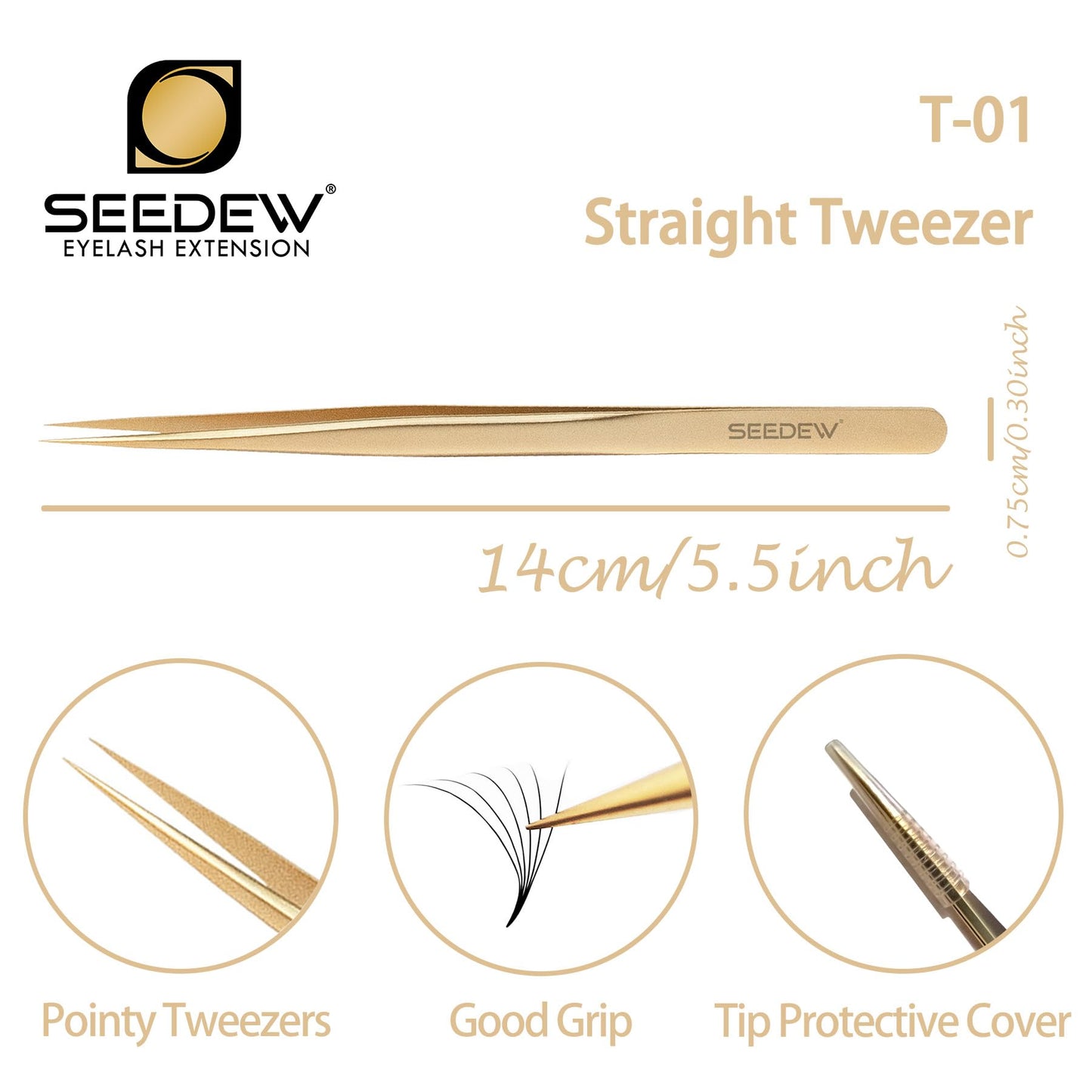 SEEDEW Tweezer Eyelash Extensions 1 PCS Stainless Steel Straight Pointy Tweezer Isolation Professional Precision Supplies False Lash Application Tools for Lash Tech, Lash Artist Beginner(Golden)