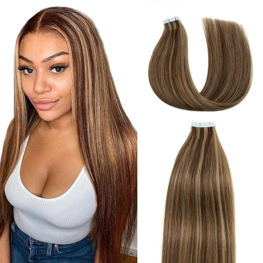 Tape In Hair Extensions 24 Inch HuxoWax P4/27 Straight Hair Extensions Double Weft Highlight Brown VirgIn Soft And Silky Remy Hair