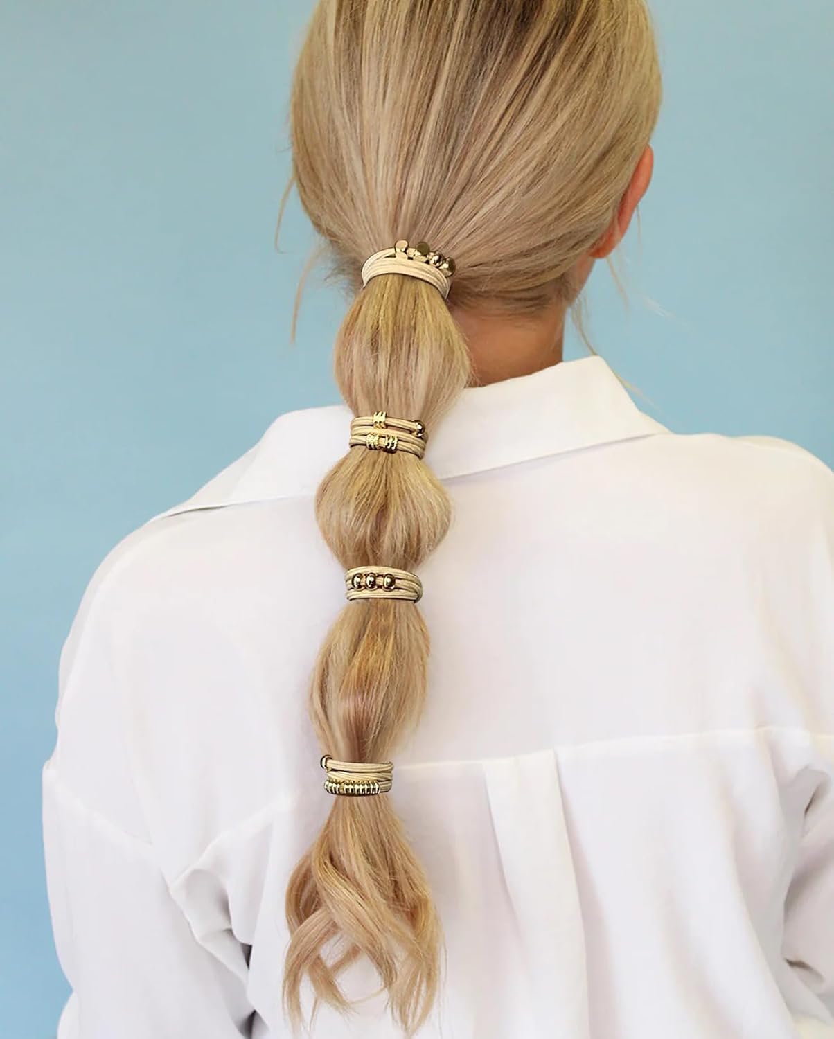 Blonde Boho Hair Ties Bracelet - Trendy Elastic Ponytail Holders with Gold Bead | Ideal for Thick, Thin, Curly Hair (Beige)