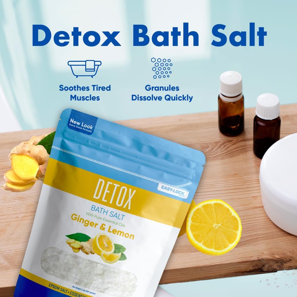Detox Bath Salt - 32 Ounces Epsom Salt with Ginger & Lemon Oils | Vitamin C Infused, BPA-Free Pouch