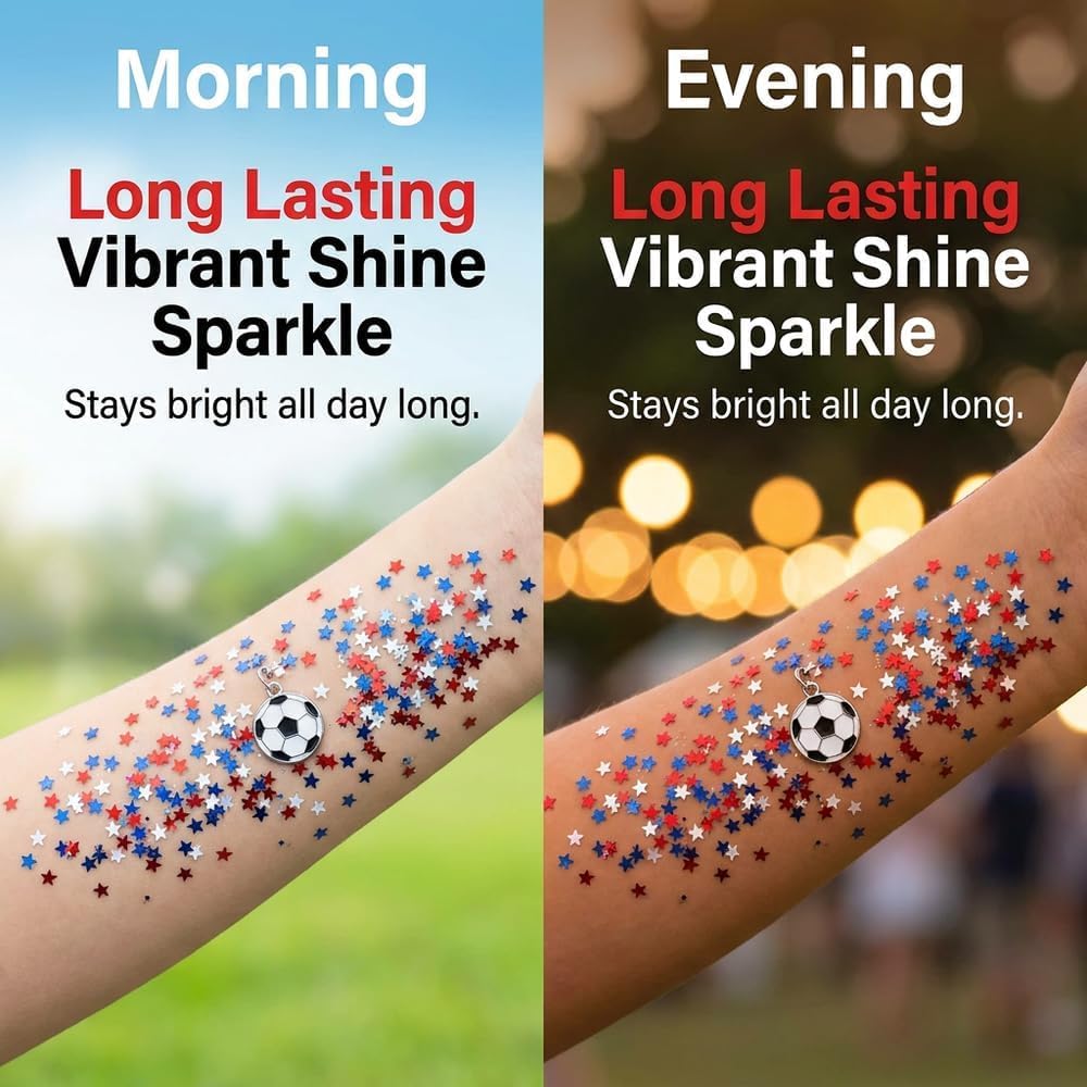 Patriotic 4th of July Glitter Stick | Self Adhesive Red White Blue Face & Body Sparkle | Waterproof Long Lasting Hair Makeup for Festivals, Parades & Kids (2 Pcs)