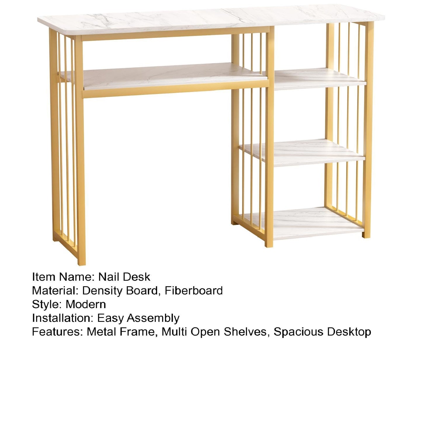 Mehisir Nail Desk with 3-Tier Shelves, Modern Manicure Table Luxury Heavy Duty Nail Table with Marble Top Gold Frame Multipurpose Nails Tech Desk for Beauty Salon Spa White White