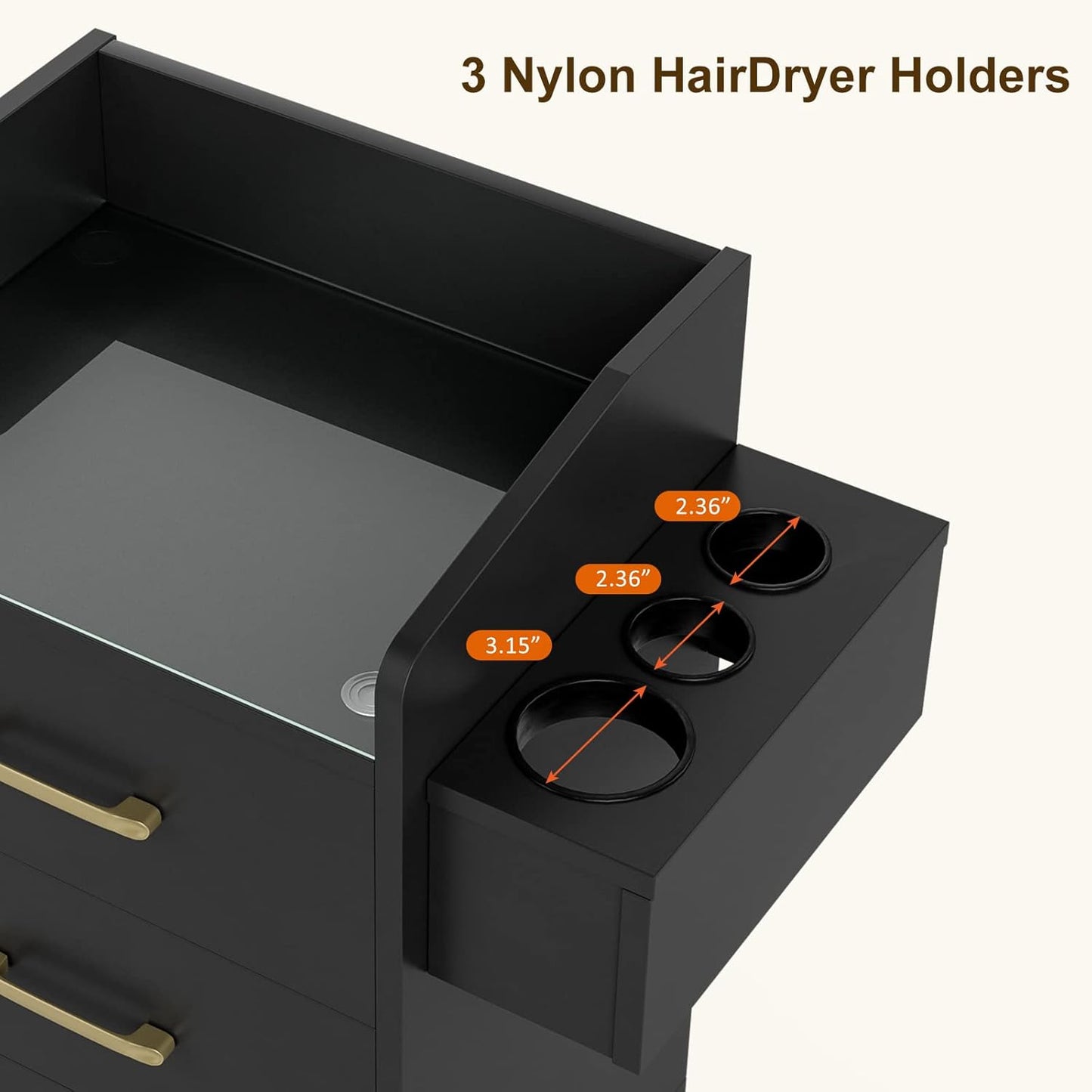 Beauty Salon Storage Trolley Cart - Glass Top Hair Station Cabinet with Lockable Wheels | Black