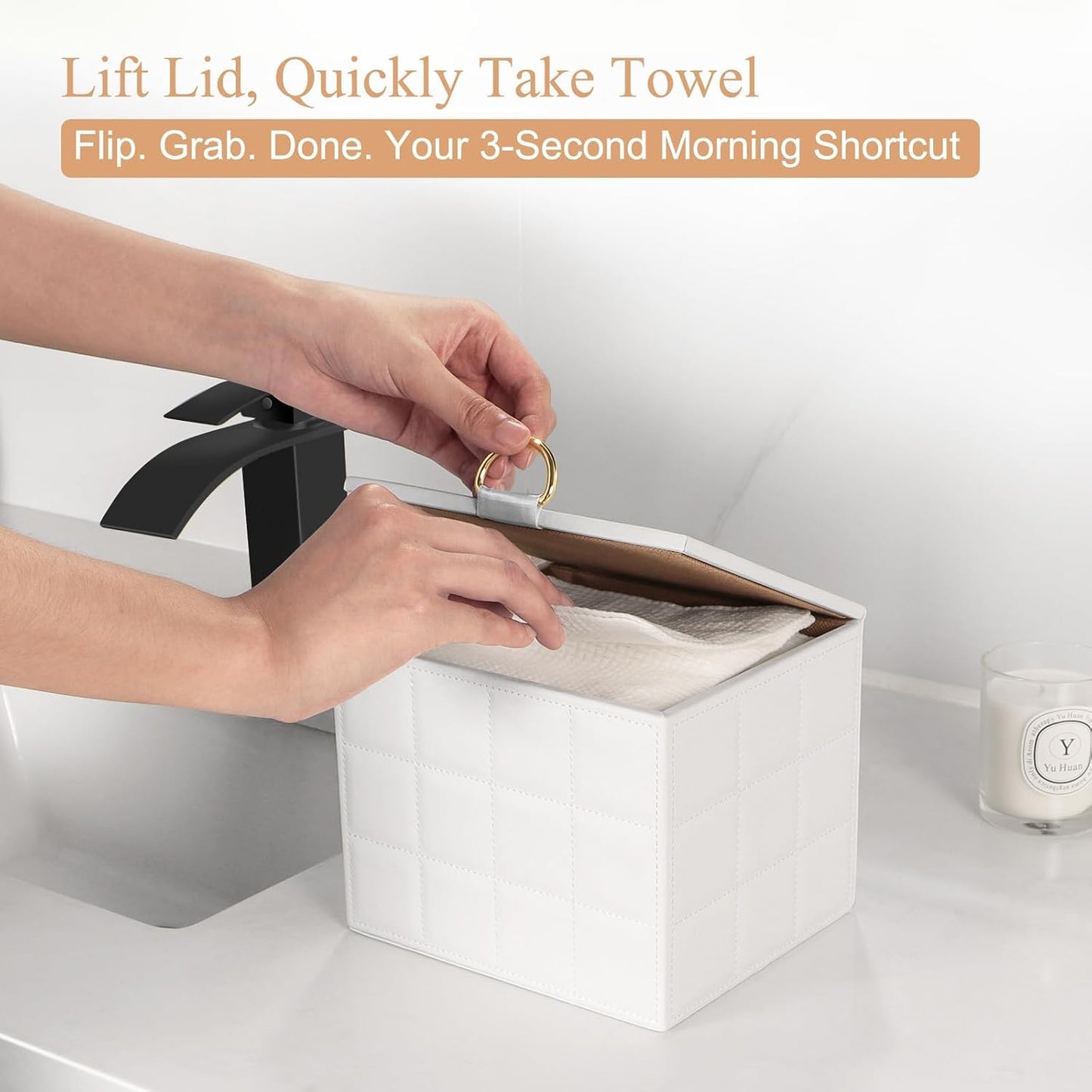 Disposable Face Towel Holder Box - White PU Leather Organizer for XL Clean Skin Towels | Bathroom Storage Solution