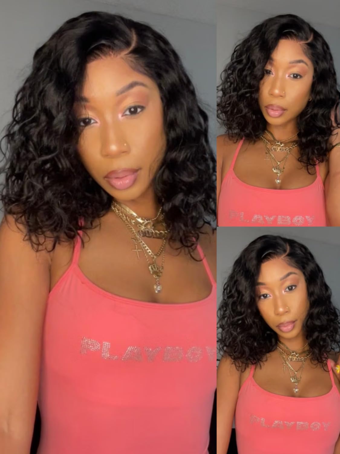 Beauty Forever Glueless Bob Wig Human Hair Water Wave 6x4 Lace Closure Pre Cut Pre Plucked Bye Bye Slip Secure Fit Side Part 250 Density Drawstring Short Curly Bob Wig for Black Women 12inch
