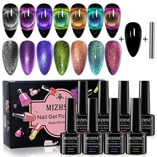 MIZHSE 9D Cat Eye Gel Nail Polish Kit - 8 Colors Magnetic Set