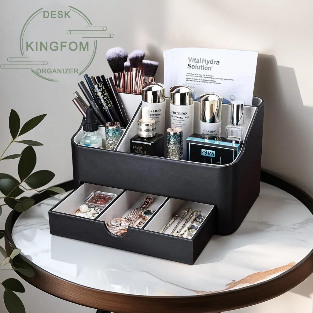 Leather Makeup Organizer - Stylish Cosmetic Storage with Drawer | Dresser & Vanity Organizer for Lipstick, Brushes & Skincare (Black)