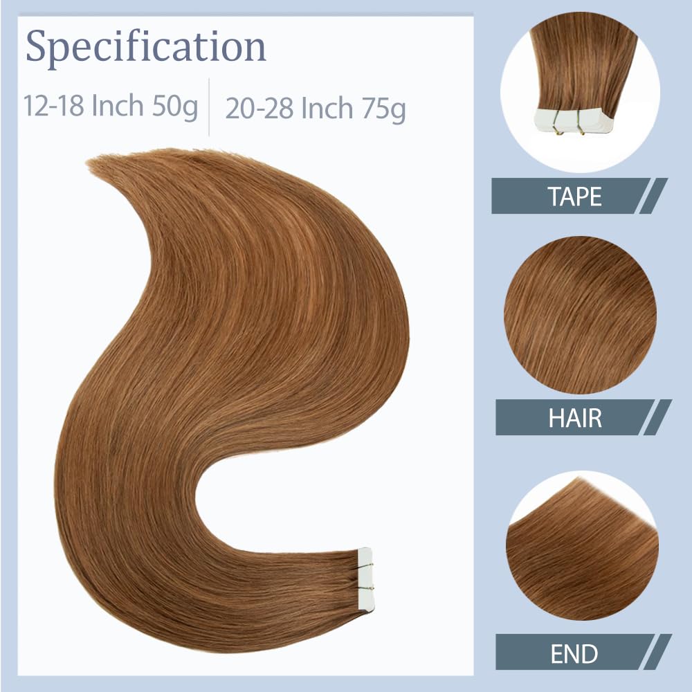 Light Brown Straight Tape In Hair Extensions 18 Inch HuxoWax VirgIn Remy Tape In Hair Extensions Double Weft Hair Weave #30 Color