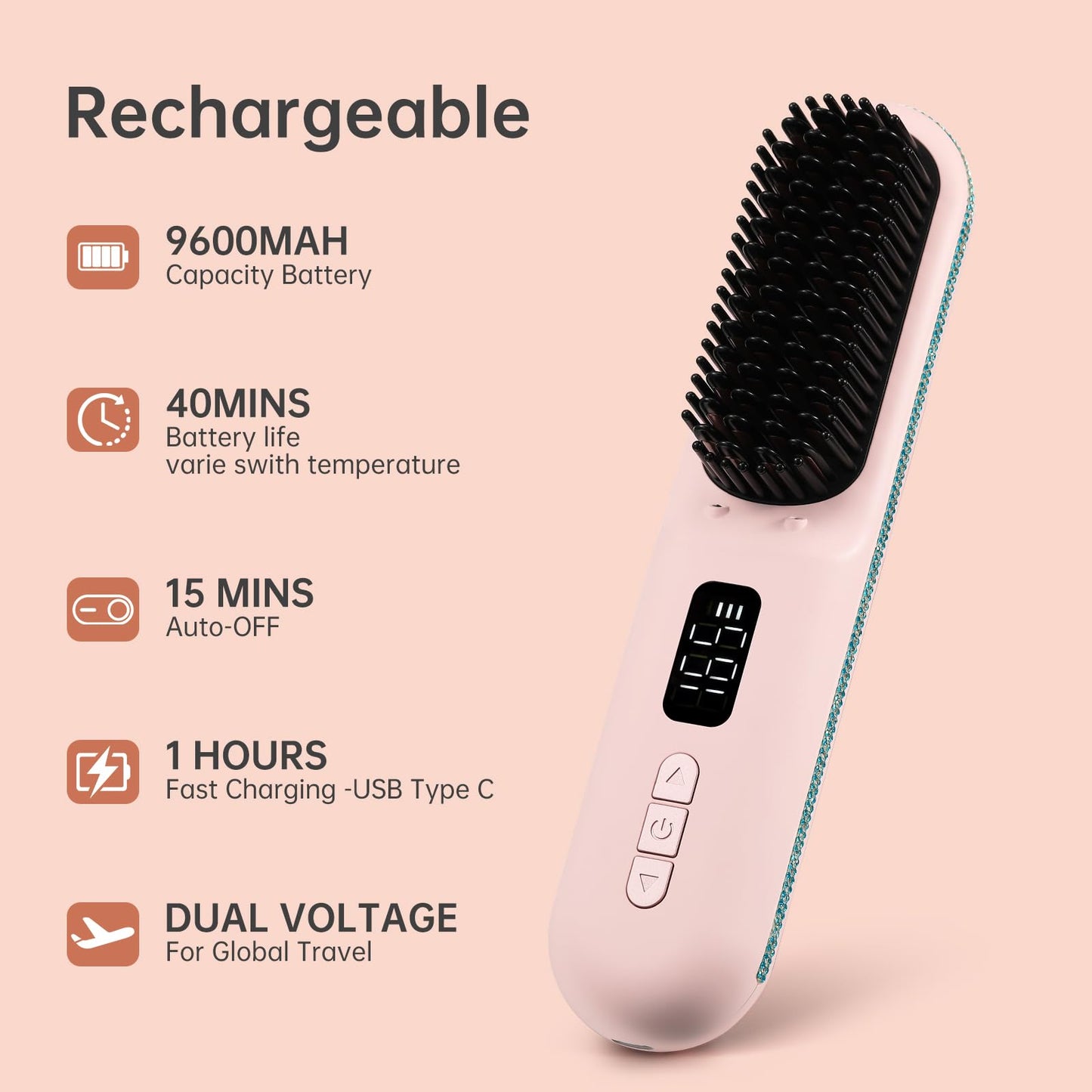 Cordless Hair Straightener Brush, Negative Ion Hot Comb, Anti-Scald Ceramic