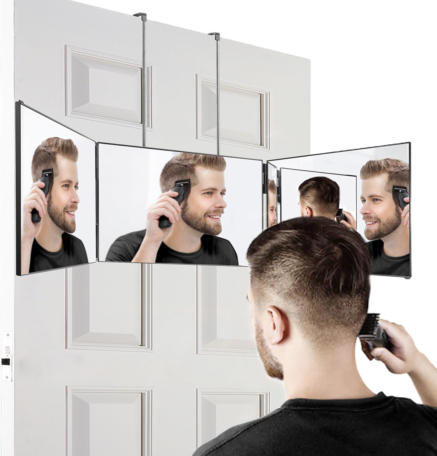 3 Way Mirror-360 Mirror for Self Hair Cutting, Adjustable & Foldable Trifold Barber Mirror with Telescoping Hooks, Barber Accessories for Men Shaving DIY Haircut Women Dyeing Makeup(Black Without LED)