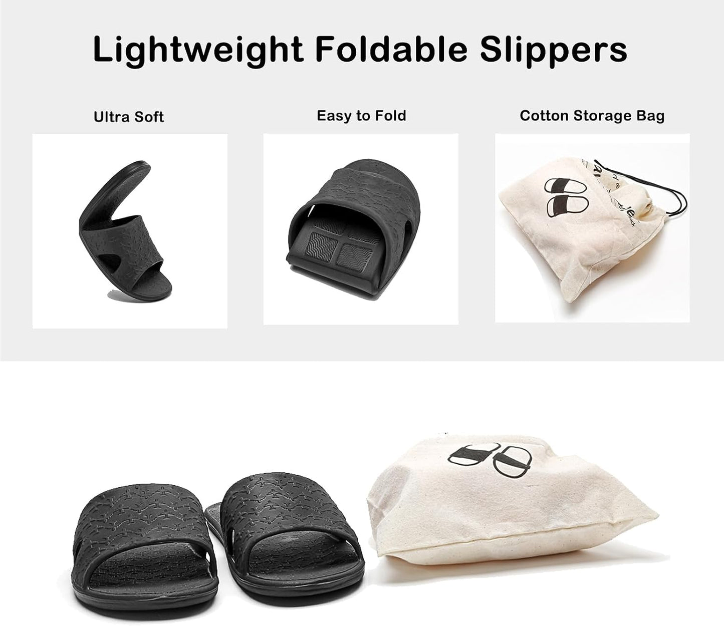 Travel Slippers for Women & Men - Portable Foldable Non-Slip Quick Dry Shoes | Cotton Storage Bag Included