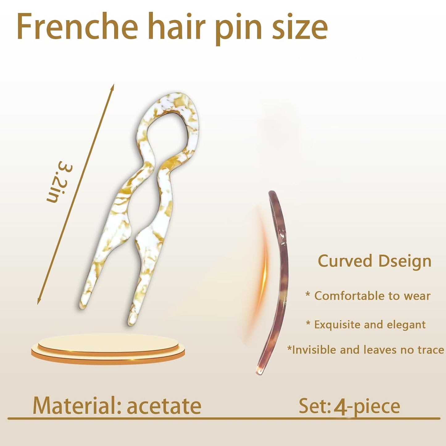 Prestige French Hair Pins - 4 PCS Tortoise Shell Hair Accessories for Updos & Buns | Strong Hold Acetate, 3.73”