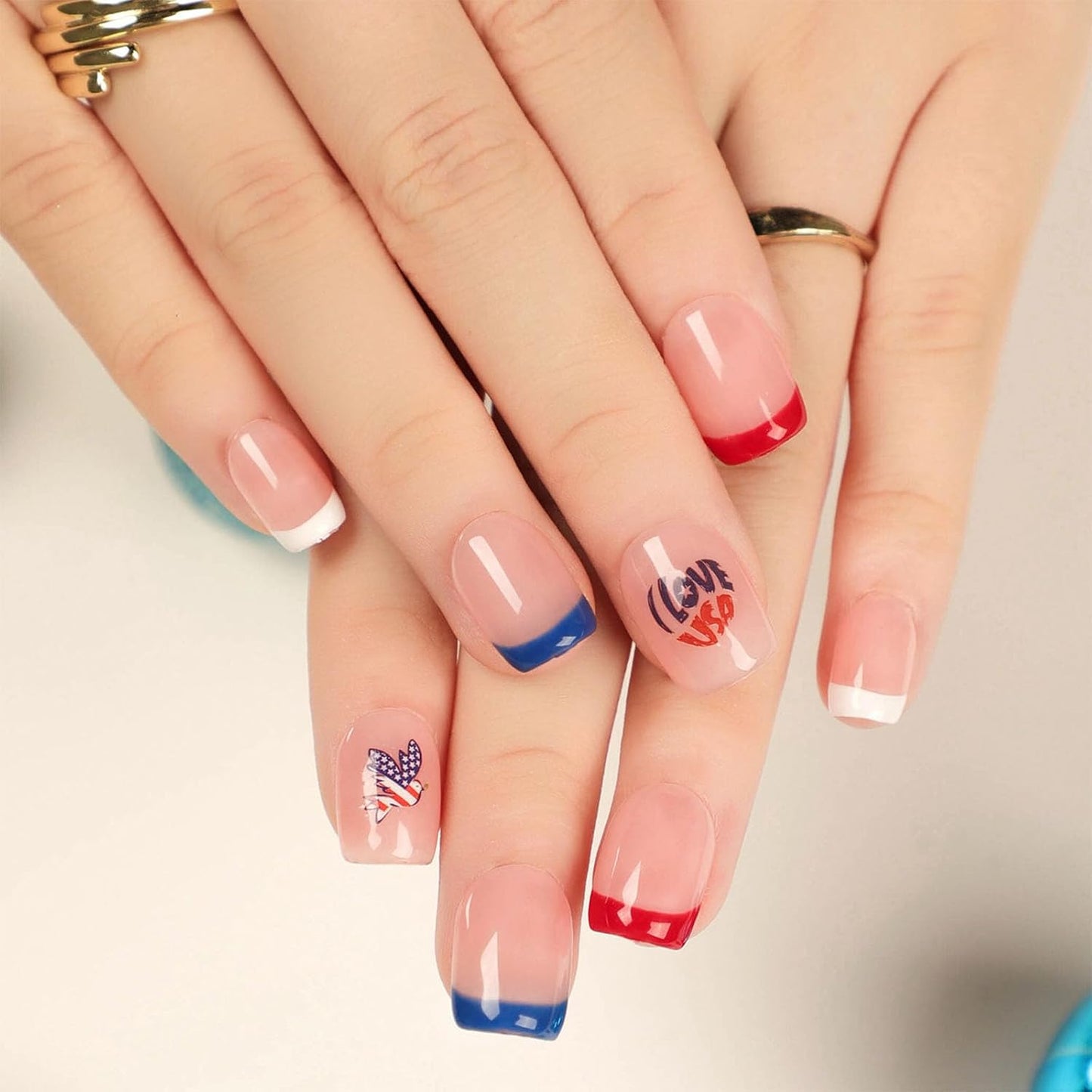Press On Nails - Short Oval French Tip Design | Glossy Pink with Stars & American Flag - 24 Pcs