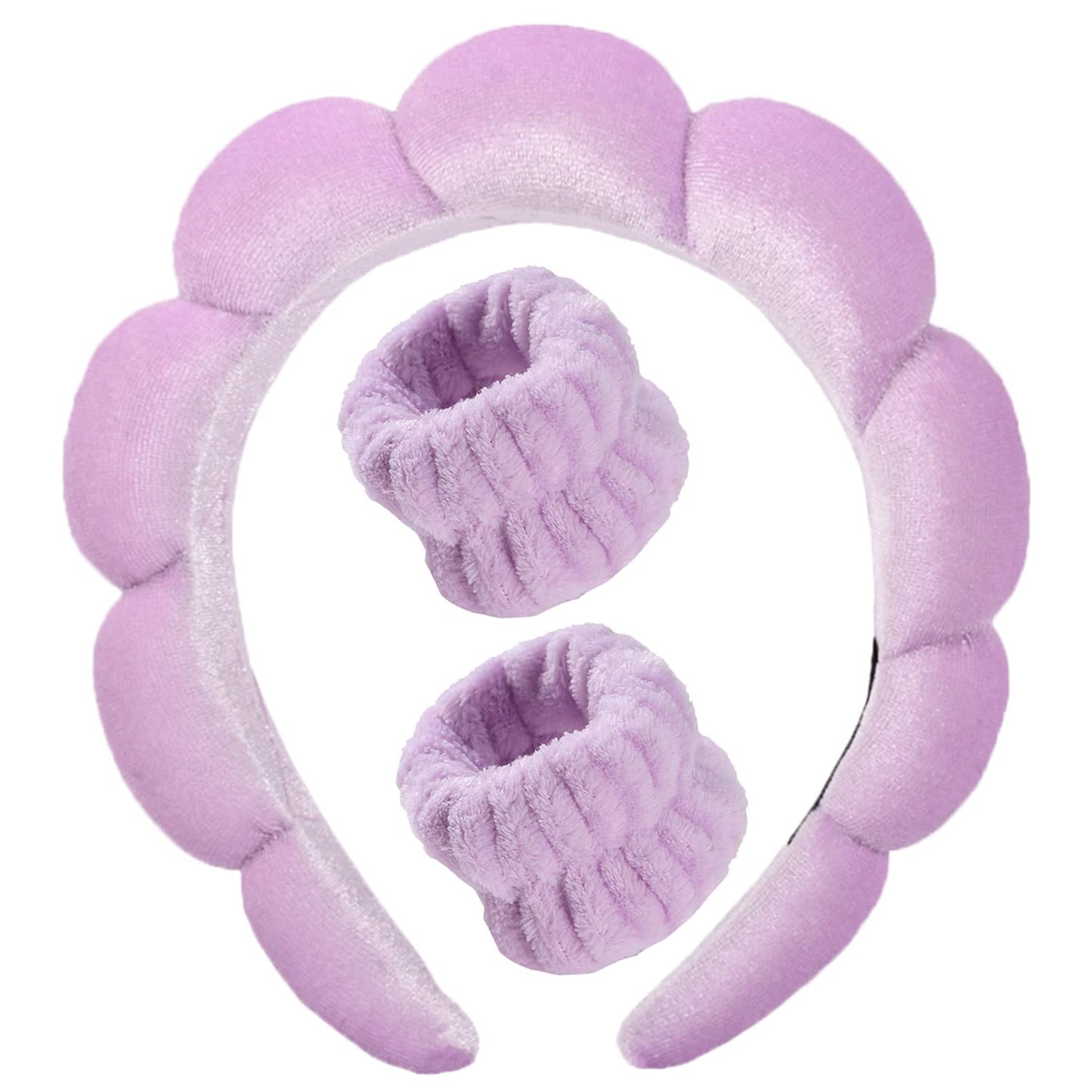 Velvet Spa Headband for Washing Face | Bubble Makeup Headband with Wristbands - Blue