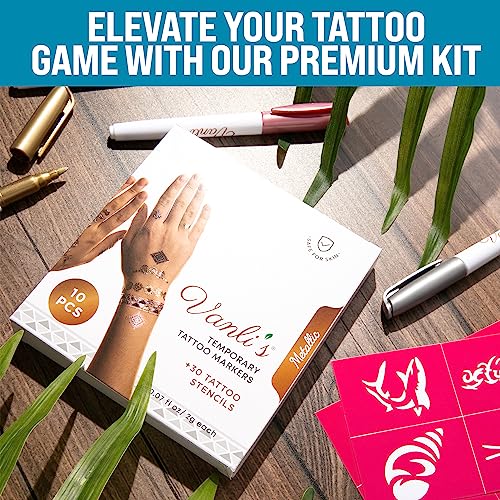 Vanli's Metallic Temporary Tattoo Markers Set with 30 Stencils - Skin-safe & Vibrant