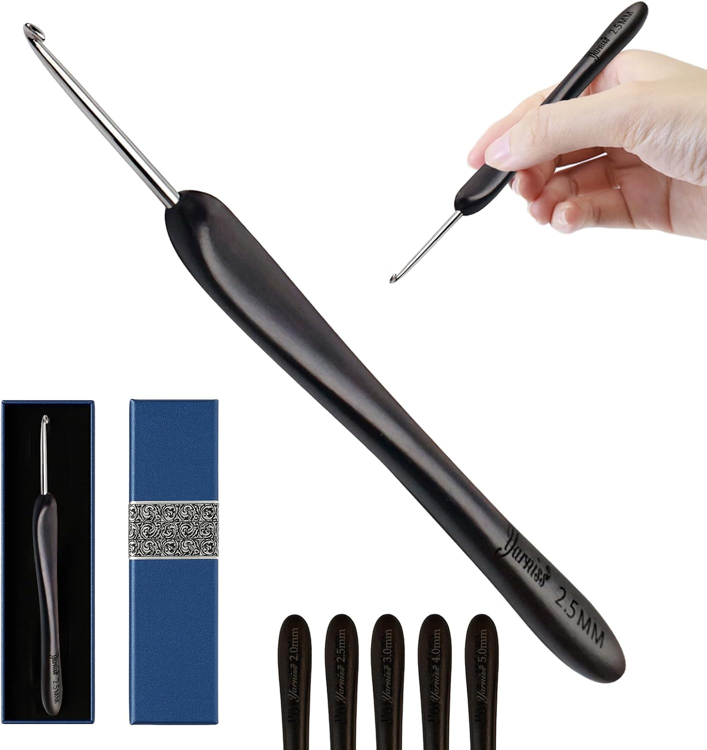 Artisan Stainless Steel Crochet Hooks Set - 2.0-4.0mm Handmade Needles with Ebony Handle for Beginners | Perfect Gift for Crocheters