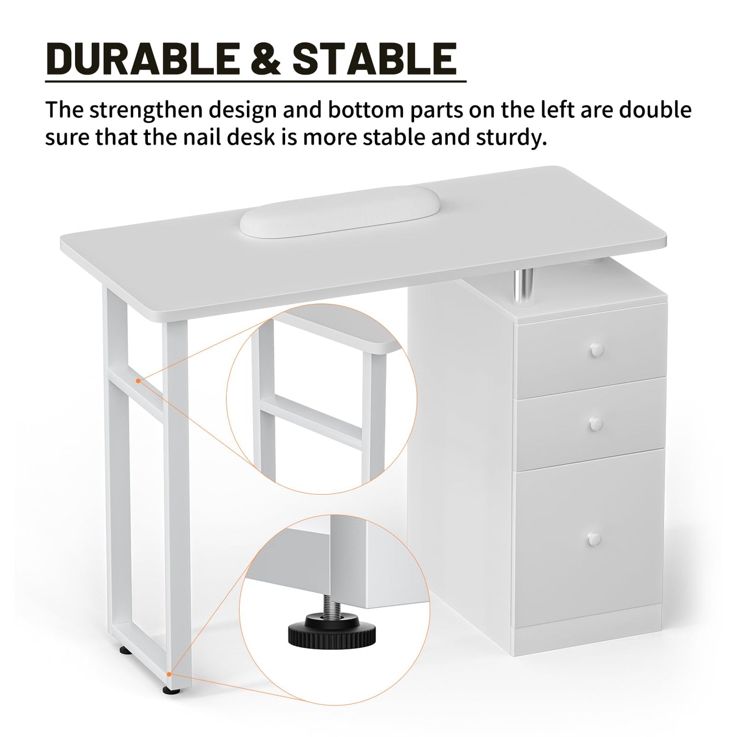 DeerDean White Manicure Table Nail Desk Acetone Resistant w/Wrist Cushion, Drawers & Cabinets
