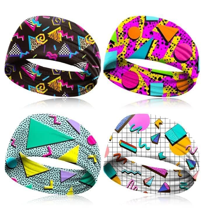 Retro 80s 90s Neon Headbands - 4 Pack Elastic Hairbands for Sports