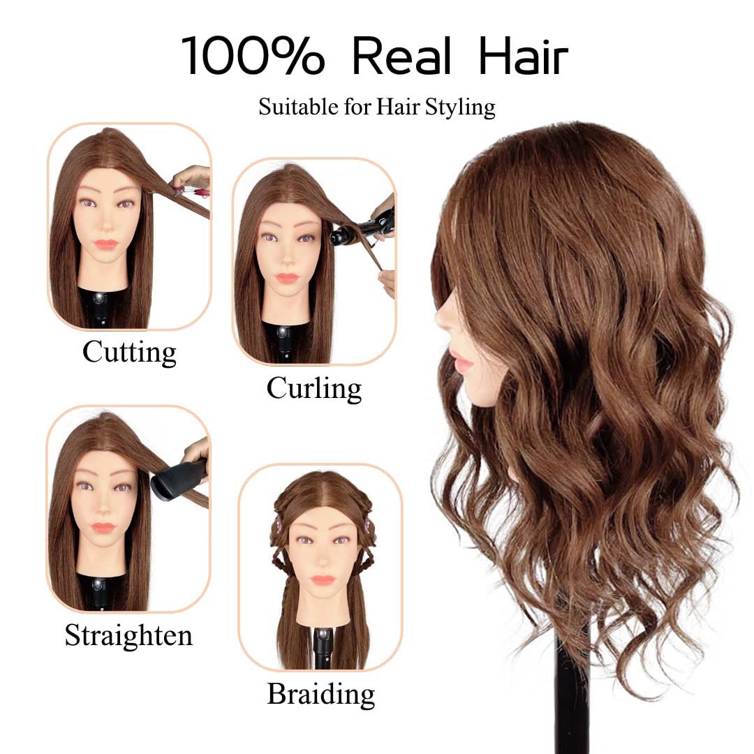 Human Hair Mannequin Head - 100% Real Hair Cosmetology Practice for Braiding & Hairstyling | Brown