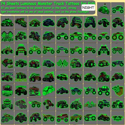 Glow in The Dark Monster Truck Temporary Tattoos - 74 Sheets