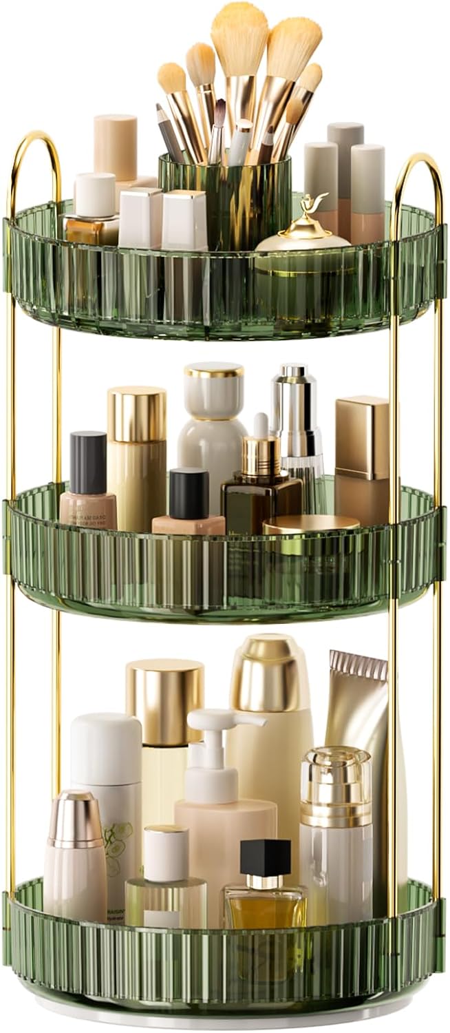 360° Rotating Makeup Organizer - Upgraded 3-Tier Skincare & Perfume Storage | Clear Dresser Organizer with Brush Holder (Amber)