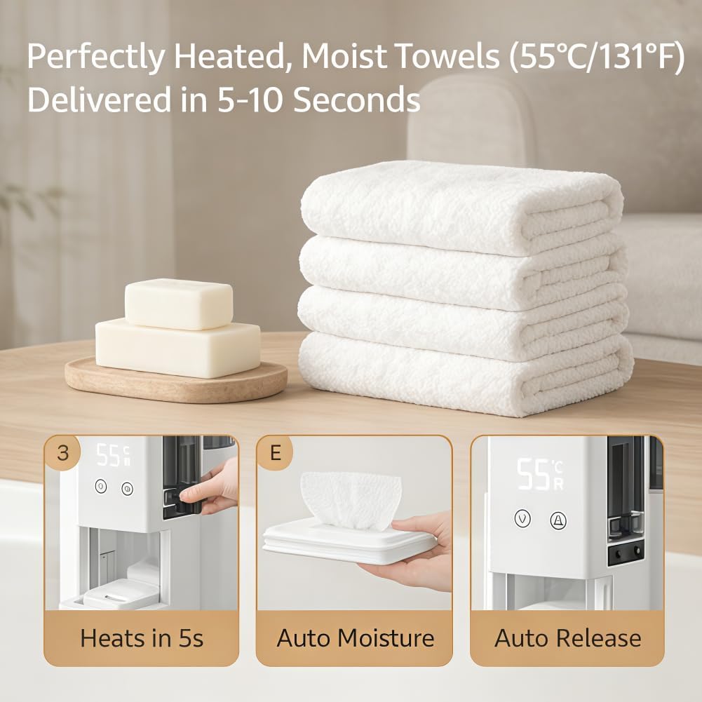 Fast Hot Towel Dispenser - 55℃ Silent Auto-Dry with Voice Alerts | Portable for Spa, Facial & Home Use