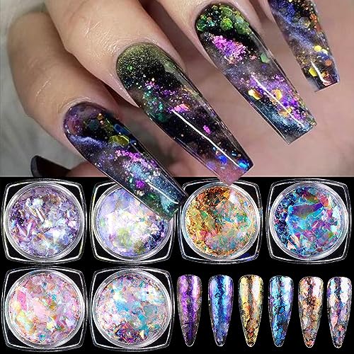 Opal Flakes Set-1 - Iridescent Chrome Nail Powder & Holographic Glitter for Nail Art, 6 Boxes