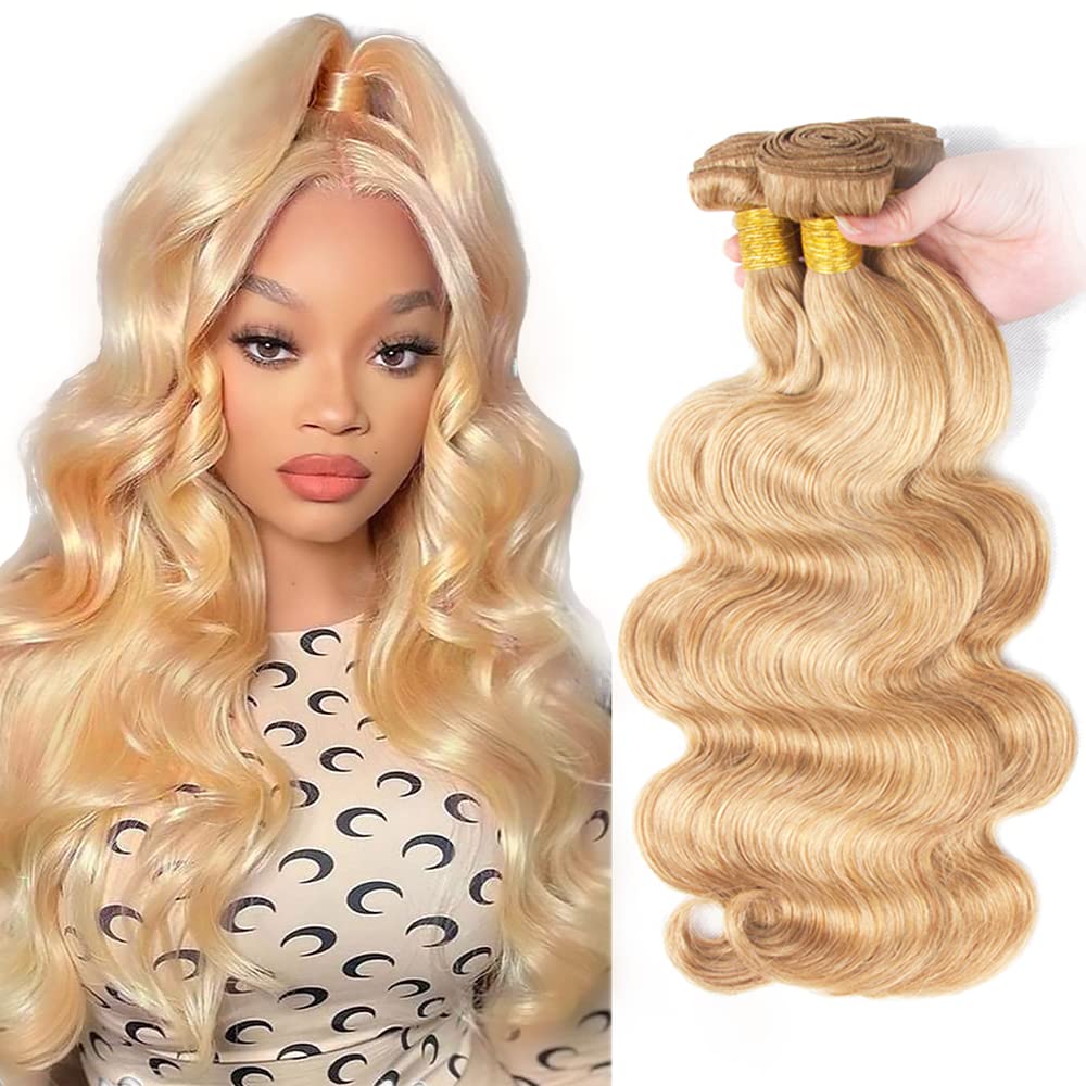 P27/613 Hilight Blonde Bundles Human Hair Body Wave Bundles 14 16 18 Inch Body Wave Bundles Unprocessed Brazilian Virgin Hair Deals Quick Weave Hair Extensions 3 Bundle 50 Gram Per Bundle