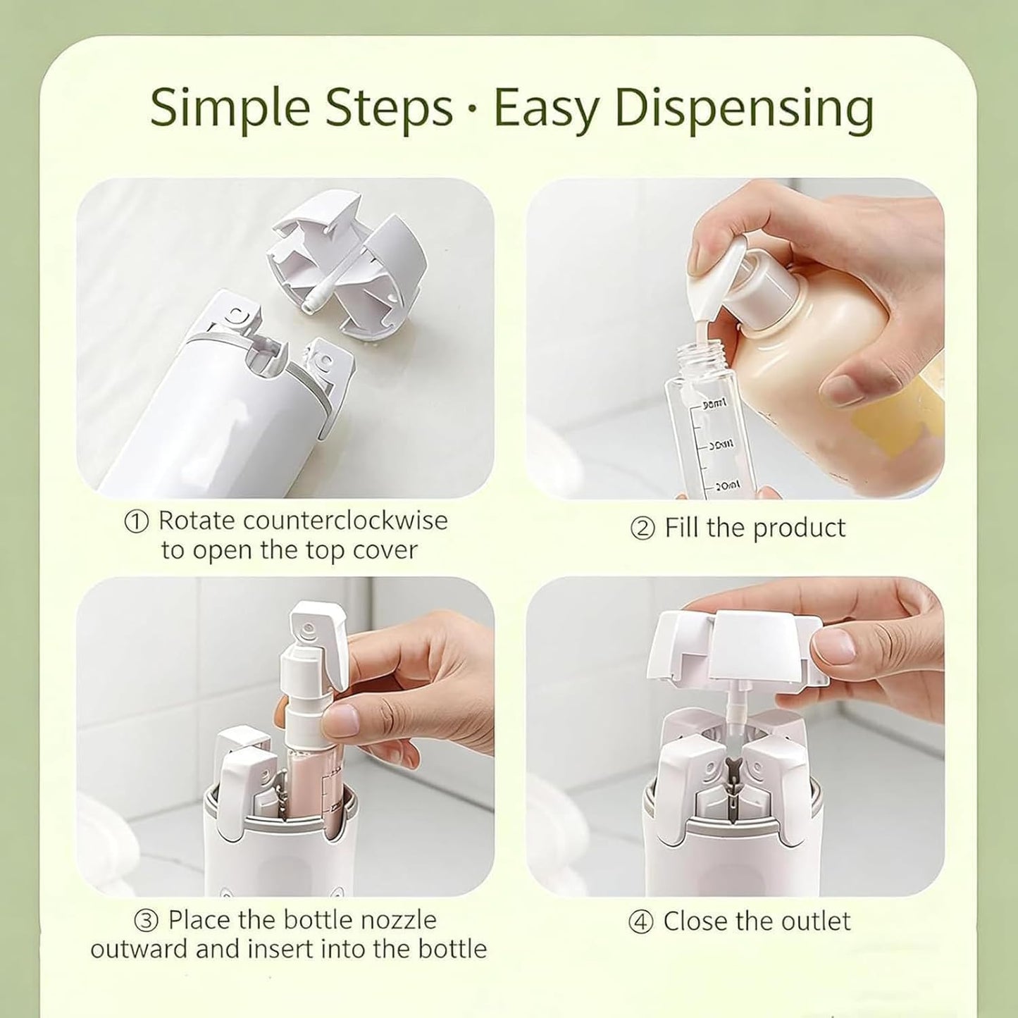 4-in-1 Travel Dispenser Bottles Set, 30ml Leak-Proof Portable Containers for Shampoo, Lotion, Conditioner, Cream, (White+Green)