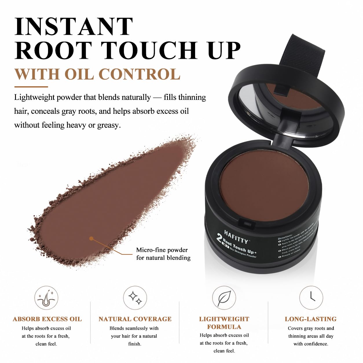 HAFITTY Root Touch Up Powder, Covers Gray Roots & Sparse Hair, Absorbs Excess Oil, All-Day Coverage, Natural Looking Finish, Easy to Apply, Hairline Powder for Women & Men (Hazel Brown)