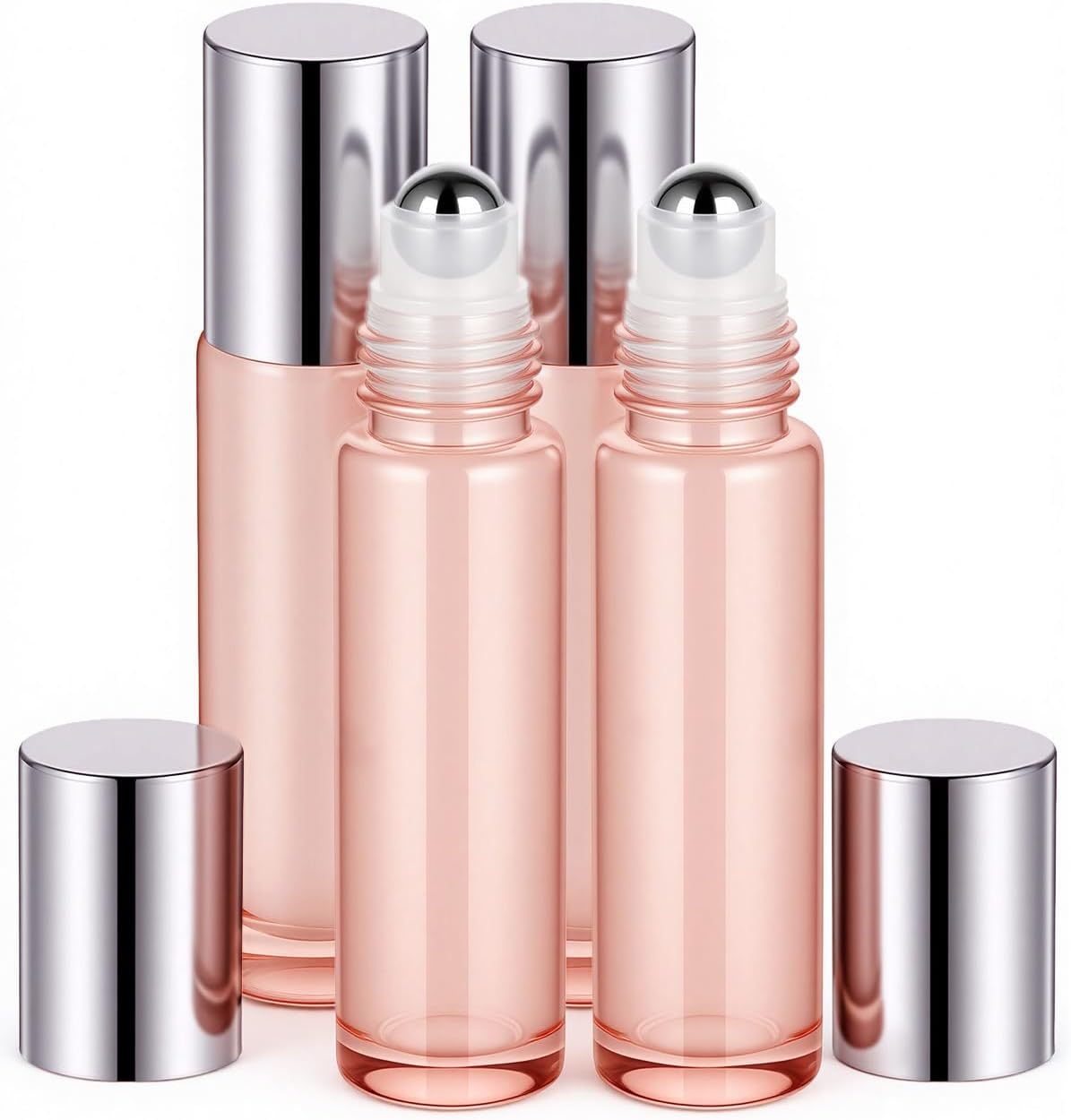 Essential Oil Roller Bottles - 4 Pack 10ml Amber Glass with Stainless Steel Caps | Travel Perfume & Lip Gloss
