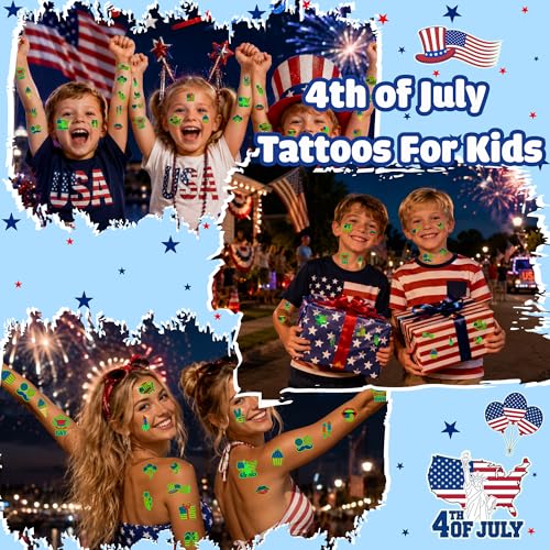Fourth of July Luminous Temporary Tattoos for Kids - 80+ Patriotic Designs, Party Favors