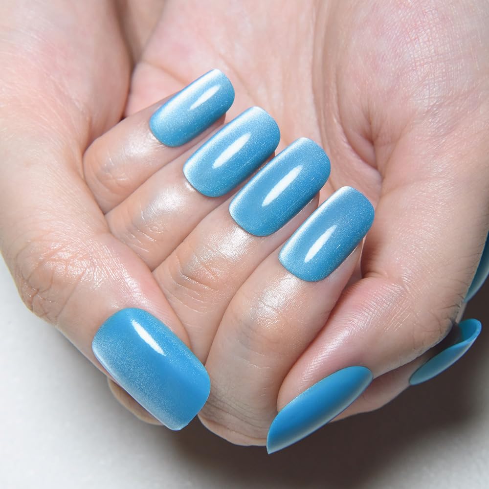 Aqua Blue Cat Eye Press-On Nails - Medium Square Chrome Design | Holographic Glitter Gel Acrylic Reusable