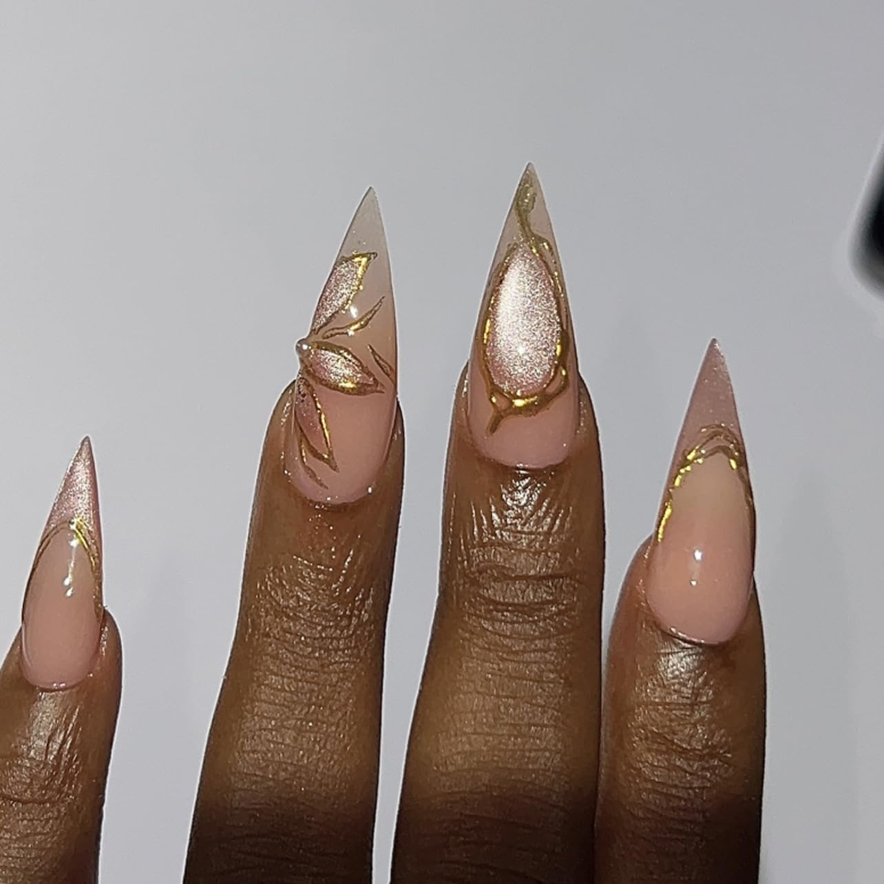 Nude Cat Eye Press-On Nails - Short Almond Shape with Gold French Tips | Reusable Soft Gel Set for Women