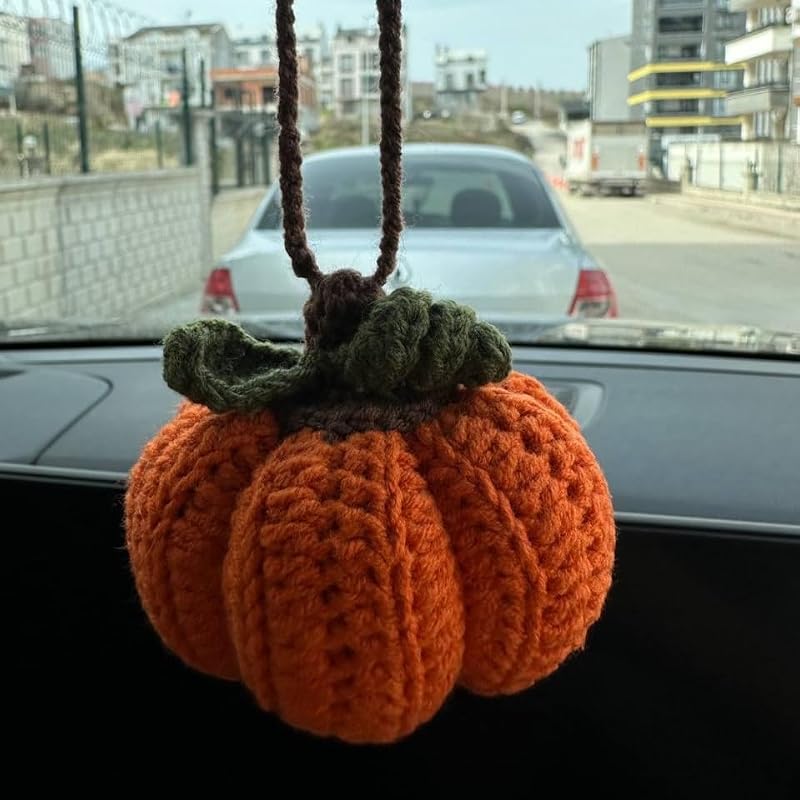 Handmade Crochet Pumpkin Car Rear View Mirror Ornament