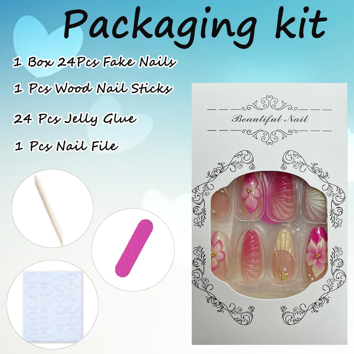 24Pcs Medium Press on Nails Almond French Tip Fake Nails Pink Hawaii Flower Acrylic Nails with Gold Rhinestones Design Summer Glue on Nails Full Cover Artificial False Nails Tips for Women Manicure