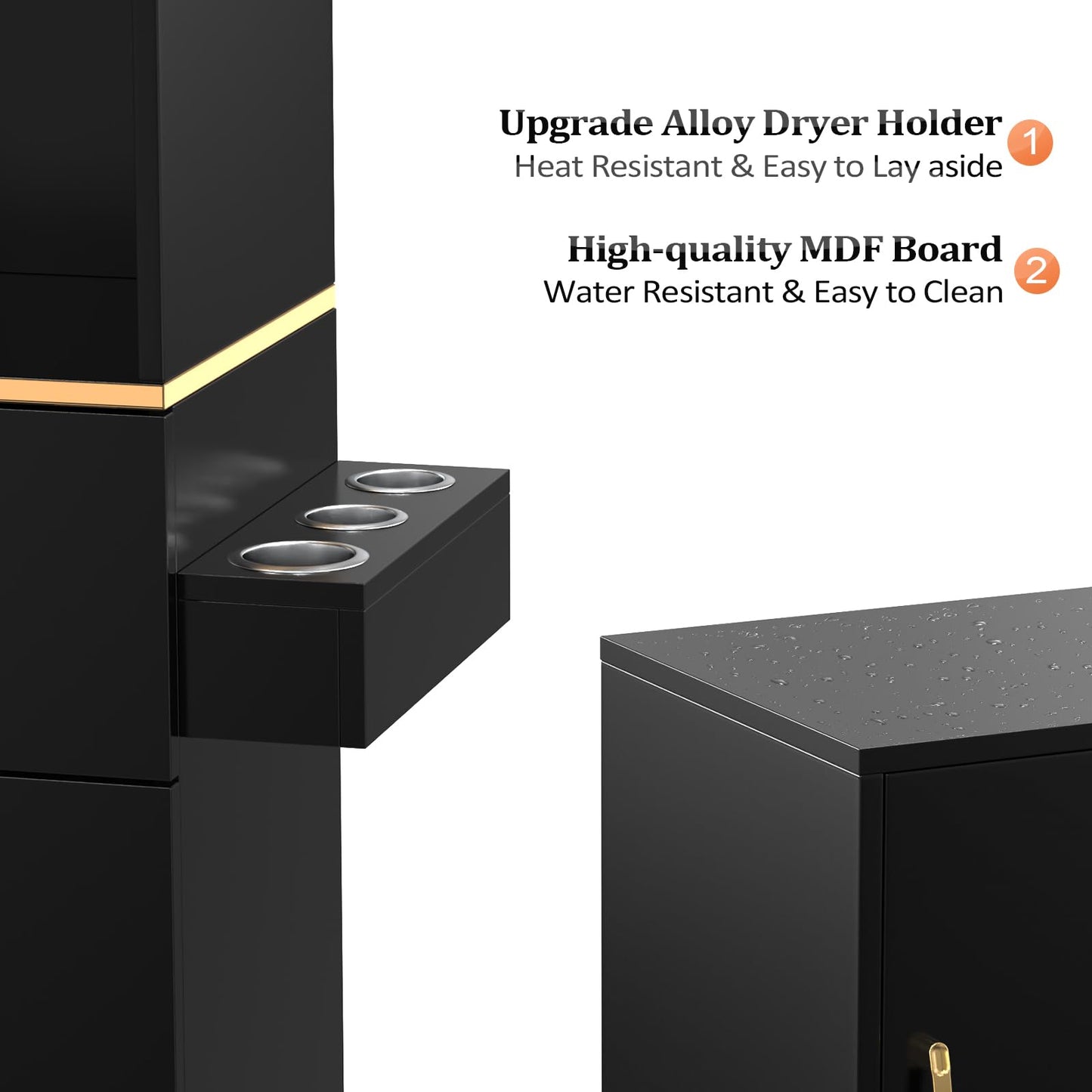 OmySalon Salon Stations for Hair Stylist, Barber Station Hair Salon Station, Beauty Salon Spa Equipment with 2 Drawers, 2 Storage Cabinet, 6 Hair Dryer Holders for Hair Styling, Black Gold