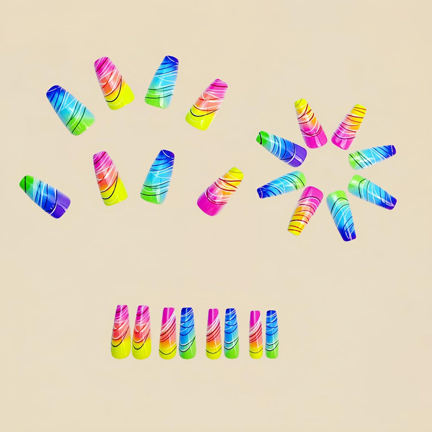 Colorful Gradient Press-On Nails | Medium Coffin Shaped Acrylic Nail Art - 24 Pcs with Rainbow Designs