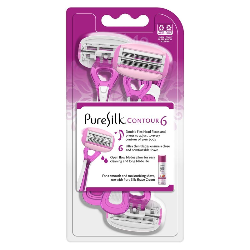 Pure Silk Contour 6 Disposable Razors for Women | 6-Blade Premium Razor Value Pack | Double-Flex Pivoting Head, Dual Moisture Bars Infused with Aloe, Vitamin E, Argan Oil | 3 Packs (9 Total Razors)