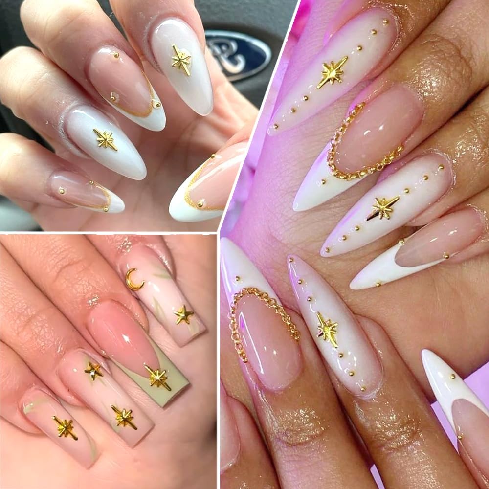 3D Star Nail Art Charms - Gold Metallic Studs & Rhinestones | Mixed Styles for DIY Manicure Supplies