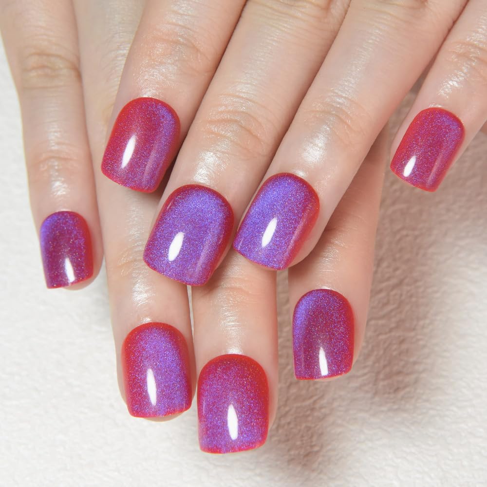 Aqua Blue Cat Eye Press-On Nails - Medium Square Chrome Design | Holographic Glitter Gel Acrylic Reusable