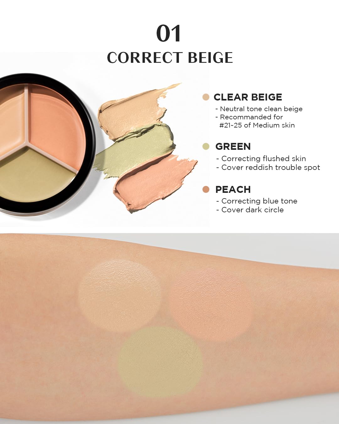 THESAEM Cover Perfection Triple Pot Concealer - Multi-Color Concealer Palette for Dark Circles & Redness | 3 Shades with Almond Oil
