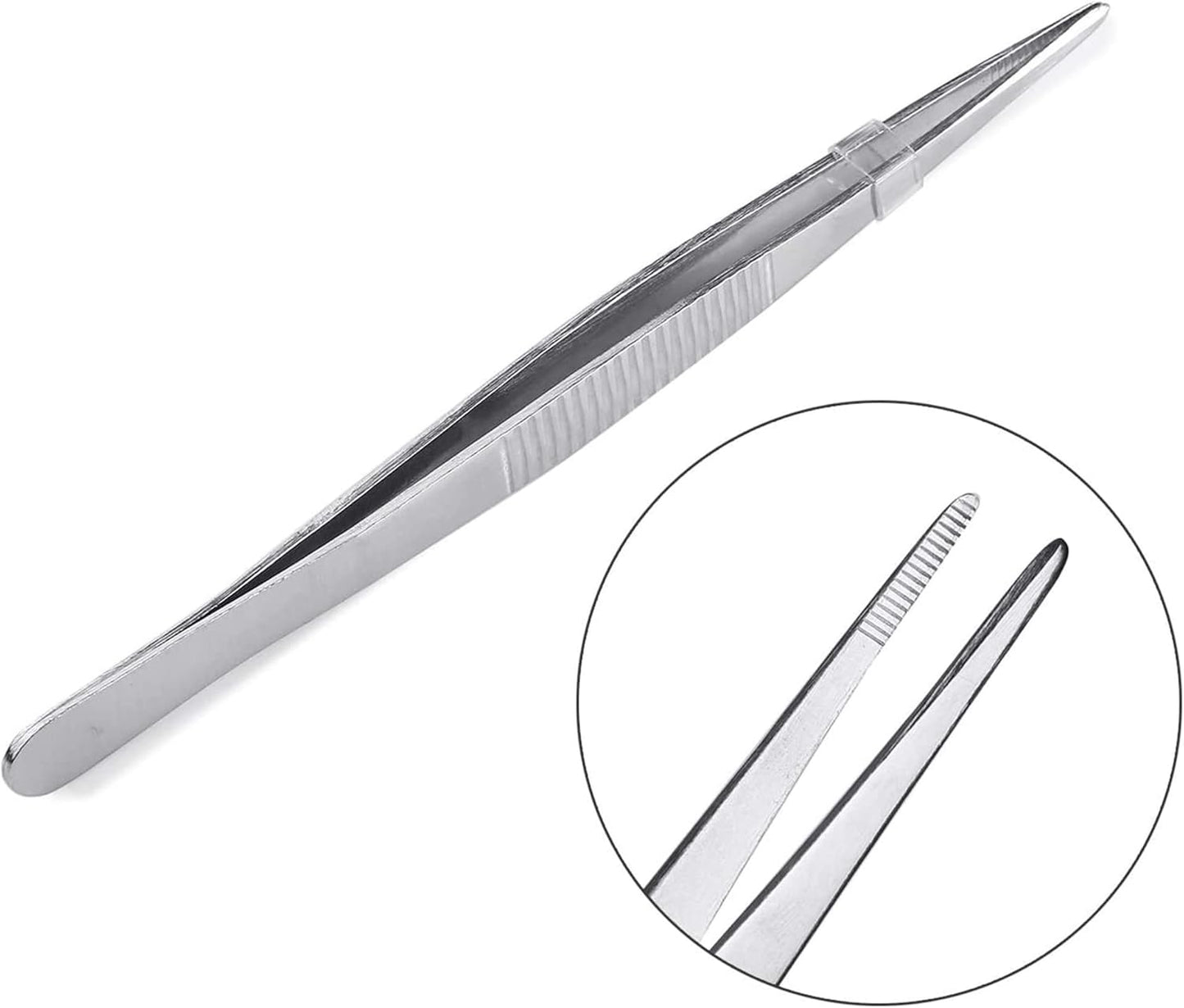 Precision Curved Tweezers - 5.5 Inch Bent Tip Metal Forceps for Jewelry, Sewing & Cooking | Serrated Flat Tips, Knurled Handles